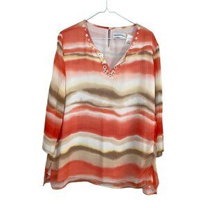 Alfred Dunner Top Women 16 Orange V Neck White Beaded Tropical Ombre Sheer Boho